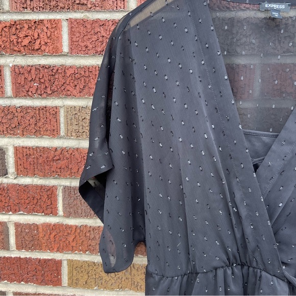 Express Black Sheer Chiffon Glitter Layered Wrap Wide Sleeve Belted Dress - Picture 3 of 6